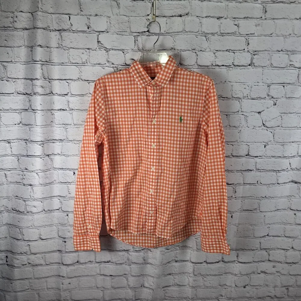 Ralph Lauren Orange Long Sleeve Gingham Check Button Up Shirt Size L (14-16)